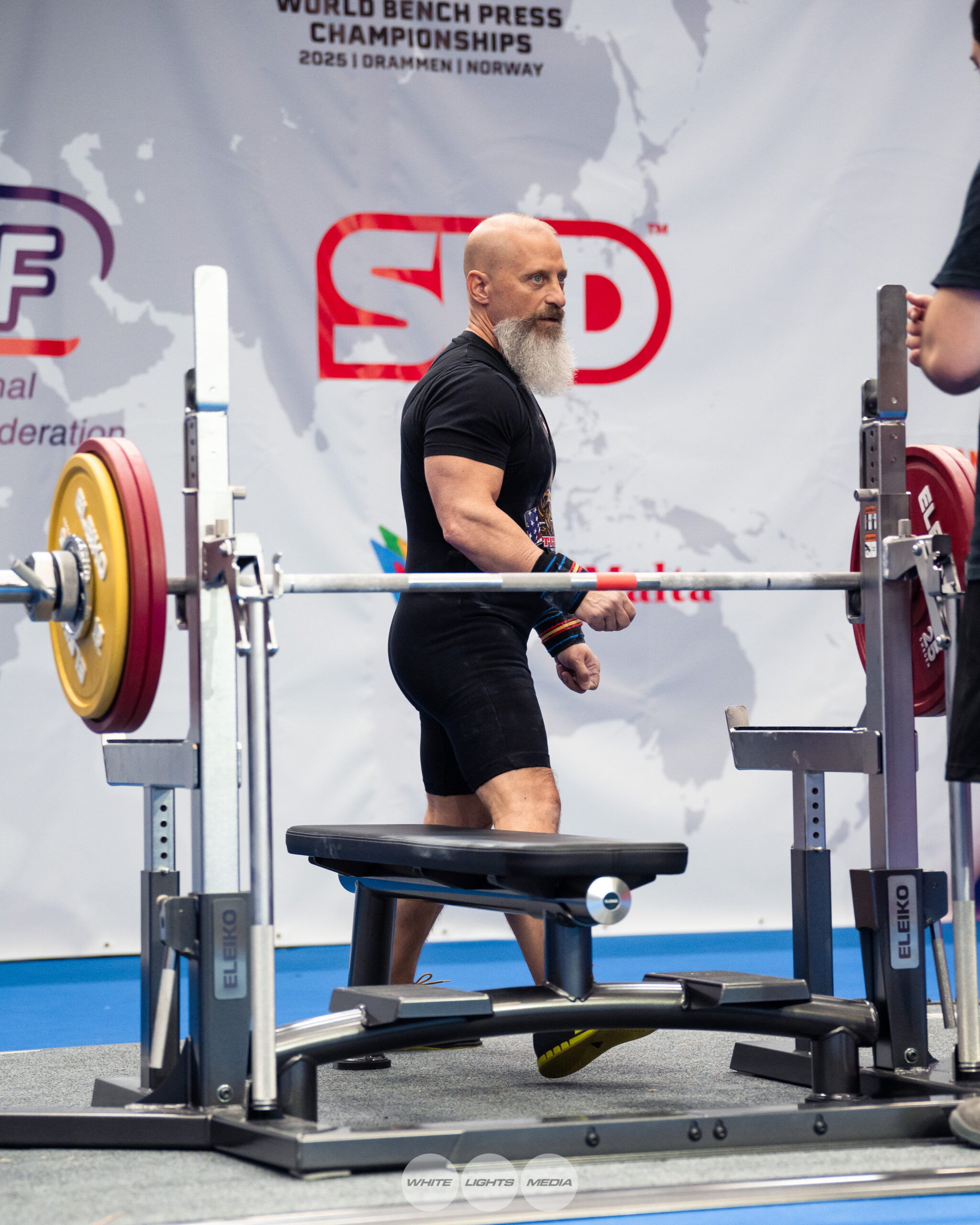 Dr. Damian Fronzaglia prepares to compete at the 2025 IPF World Bench Press Championships in Drammen, Norway