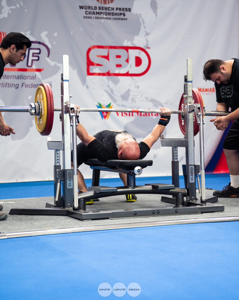 Dr. Damian Fronzaglia competes at the 2025 IPF World Bench Press Championships in Drammen, Norway