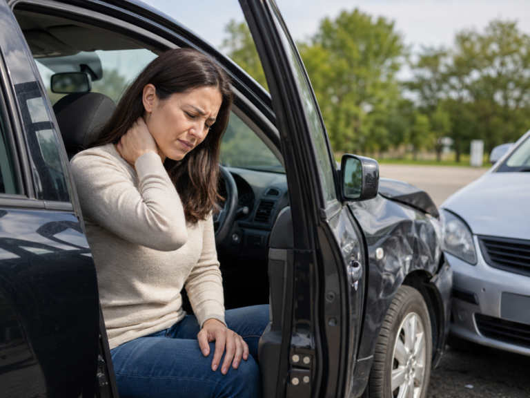 Woman with neck pain after a car accident, representing auto accident injury treatment at Champion Chiropractic in Coral Springs.