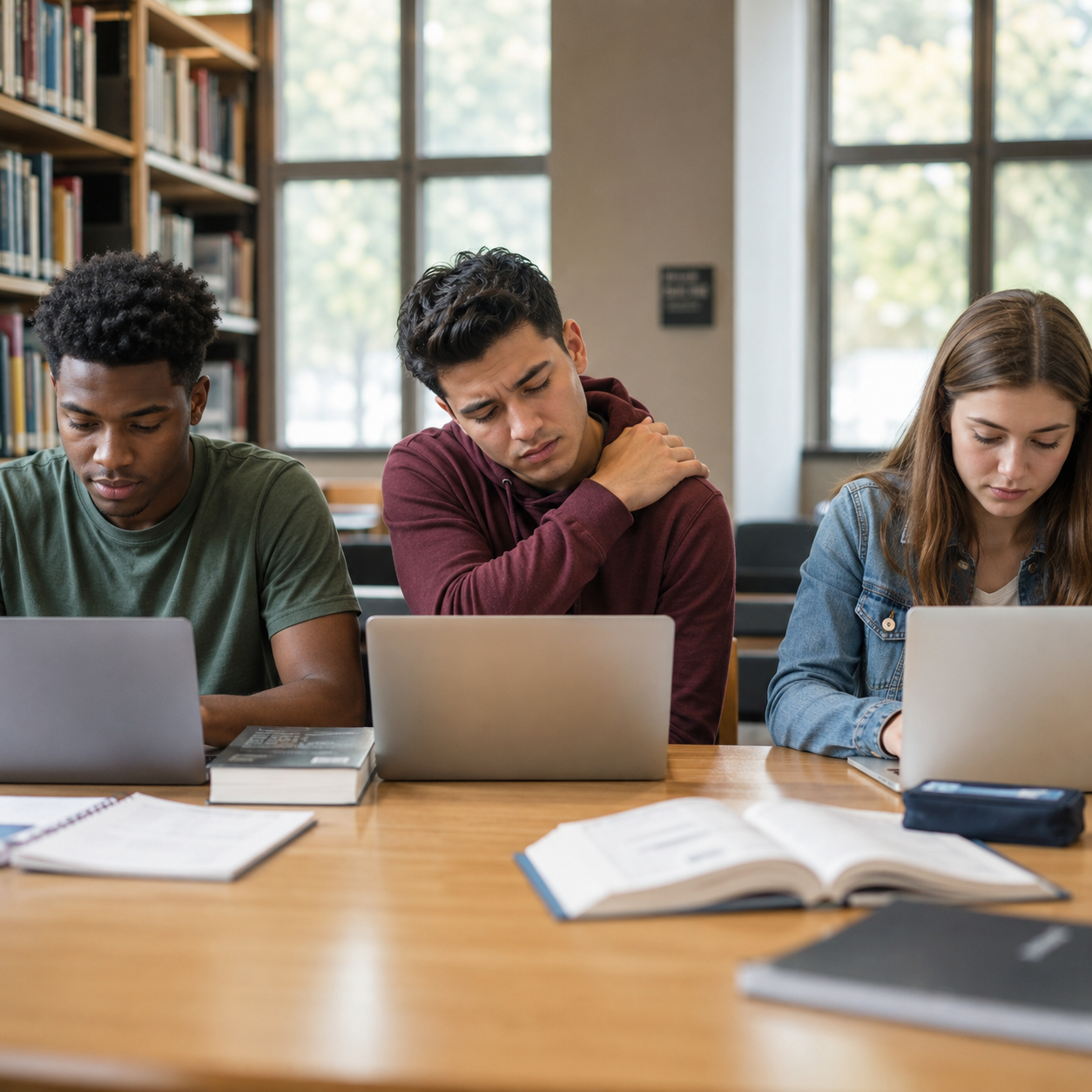 College students using laptops with one student experiencing shoulder discomfort