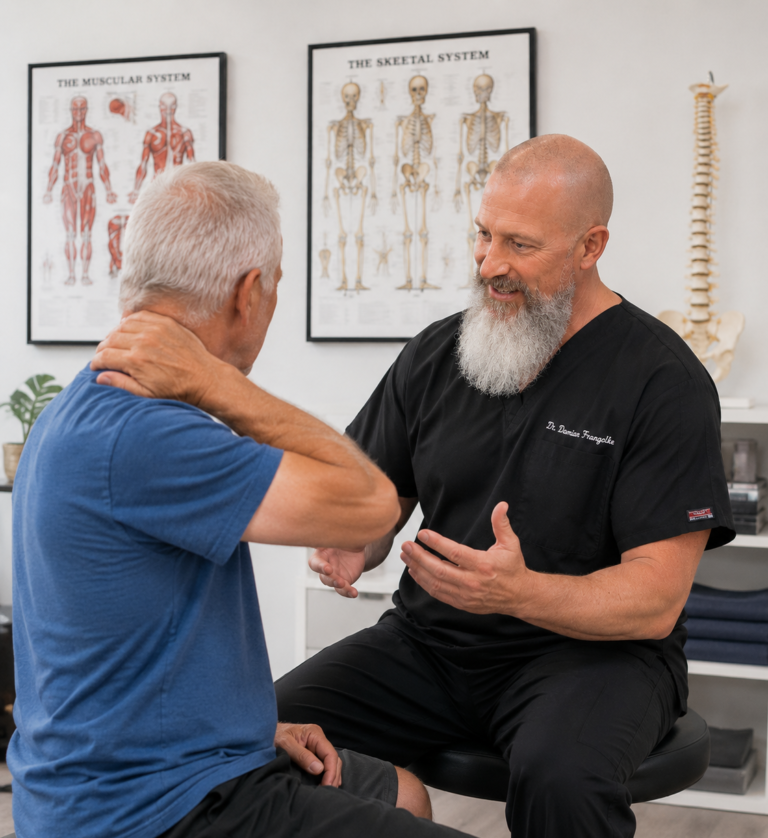 Older patient discussing neck and back pain with a chiropractor, representing chronic pain and spinal alignment care at Champion Chiropractic in Coral Springs, Florida.