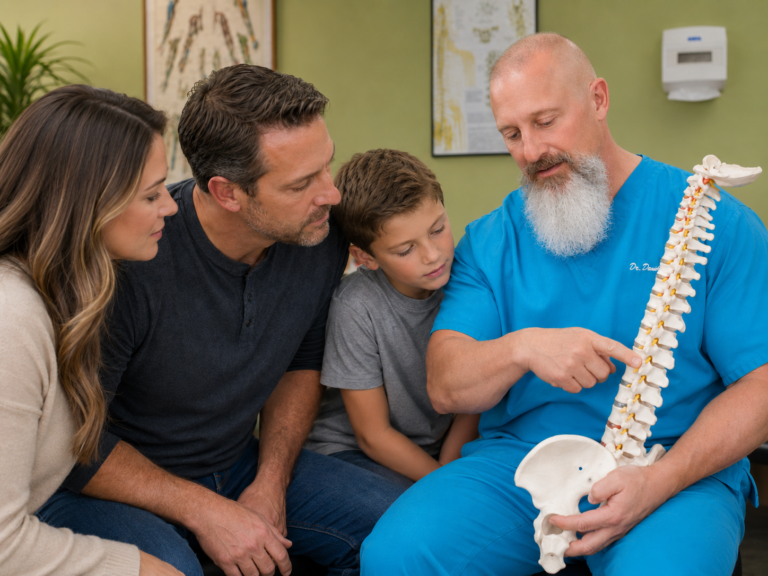 Dr. D explaining spinal alignment to a family during a chiropractic consultation in Coral Springs.