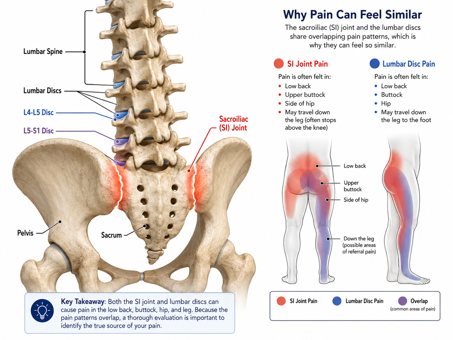 SI joint pain vs herniated disc anatomy comparison showing the sacroiliac joint, lumbar discs, and common pain patterns