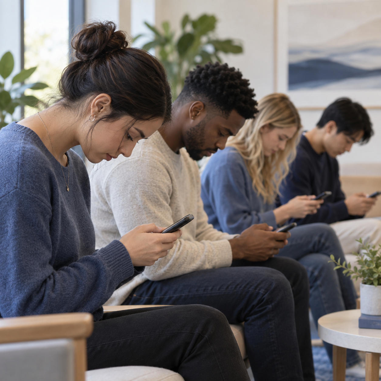 Adults with forward head posture while looking down at a smartphone