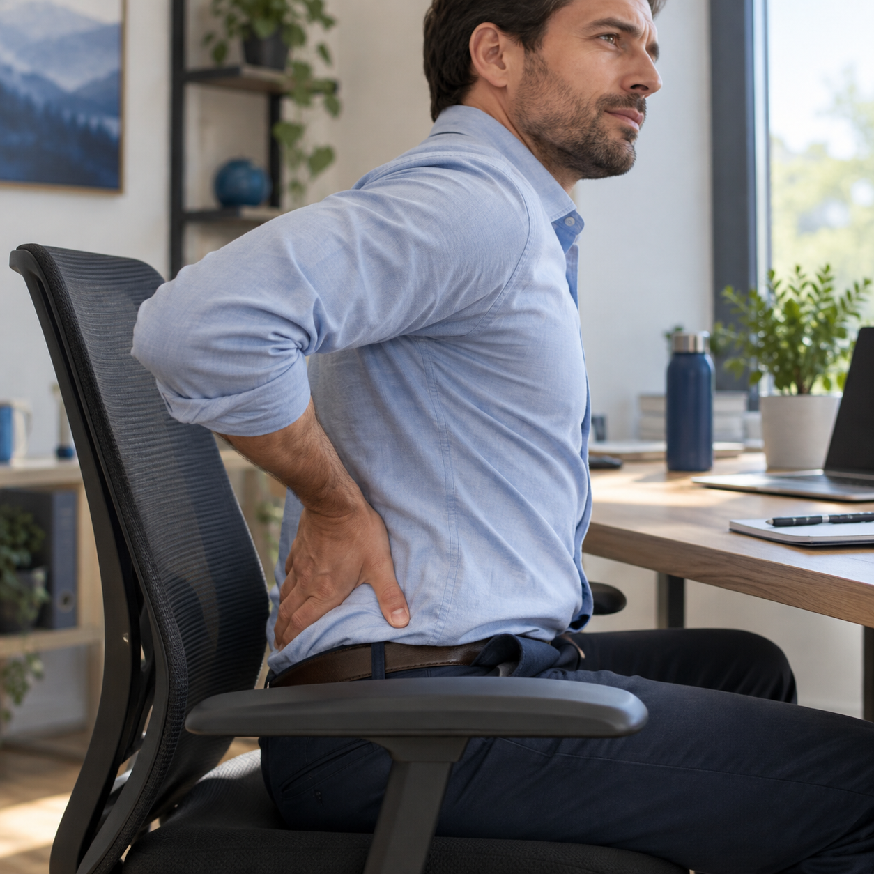 Seated adult supporting the lower back after prolonged sitting