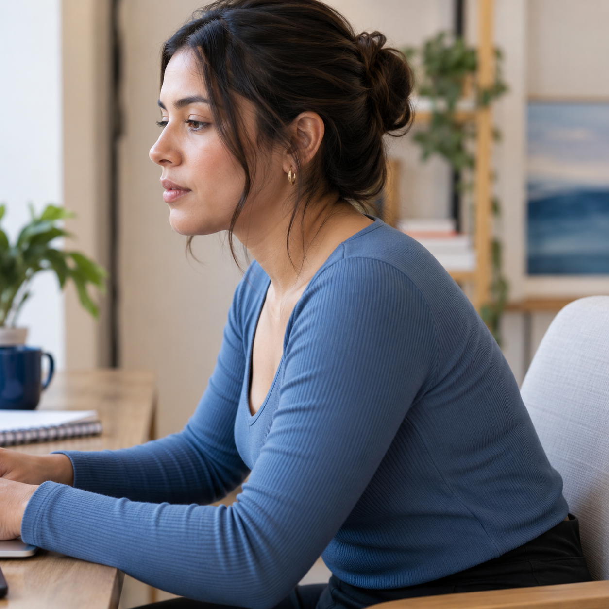Adult woman seated with rounded shoulders and a slouched upper-back posture in a softly lit modern workspace.